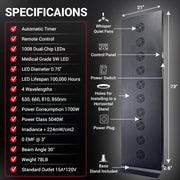 Product specifications and features displayed on a black background with an image of the product.