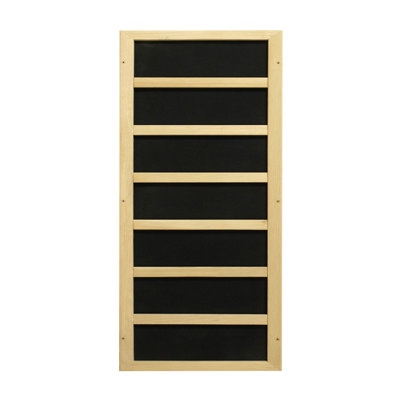 Wooden wall-mounted shelf with black panels on a white background