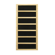 Wooden wall-mounted shelf with black panels on a white background