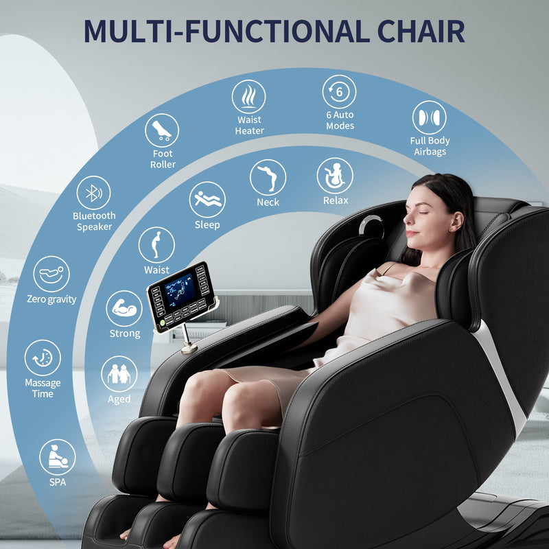 Full-Body Massage Chair | Zero Gravity | 8-Point Shiatsu Rollers | Bluetooth | Airbag System | Black