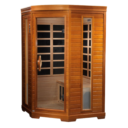Wooden infrared sauna with glass doors on a white background