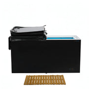 Black cold plunge and a wooden mat on a white background