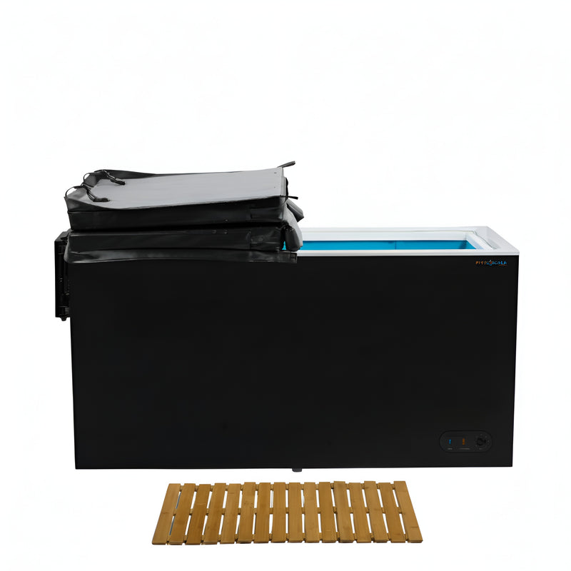 Black cold plunge and a wooden mat on a white background