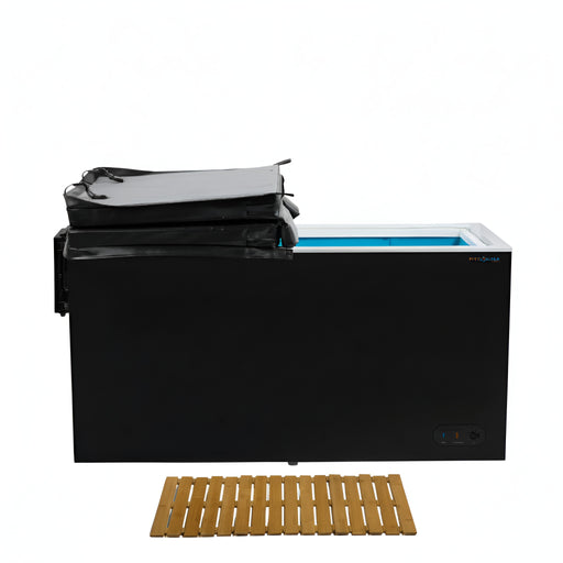 Black cold plunge and a wooden mat on a white background
