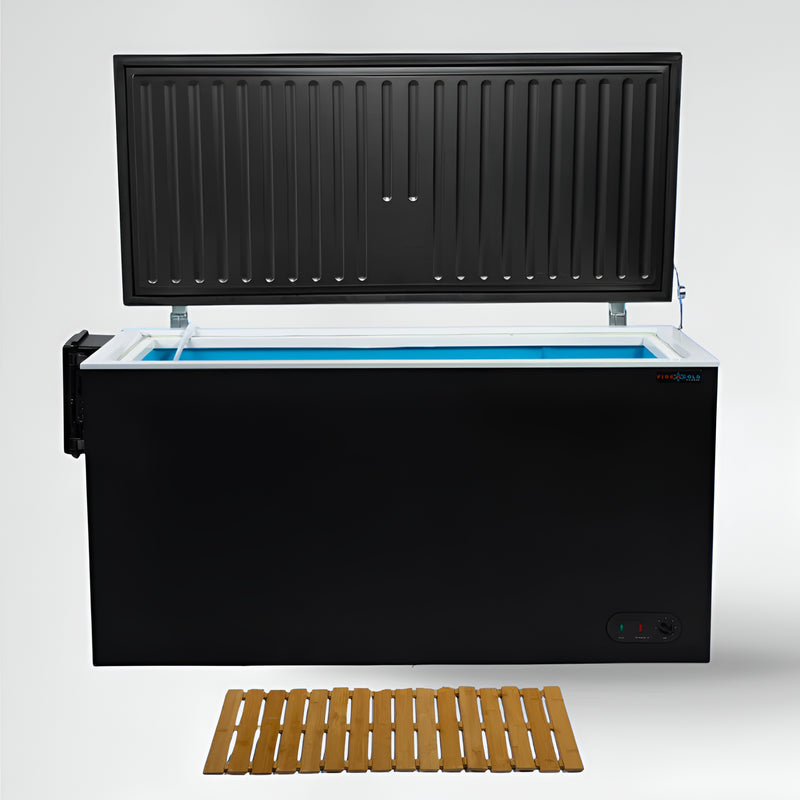 Black cold plunge with open lid and a wooden mat on a white background