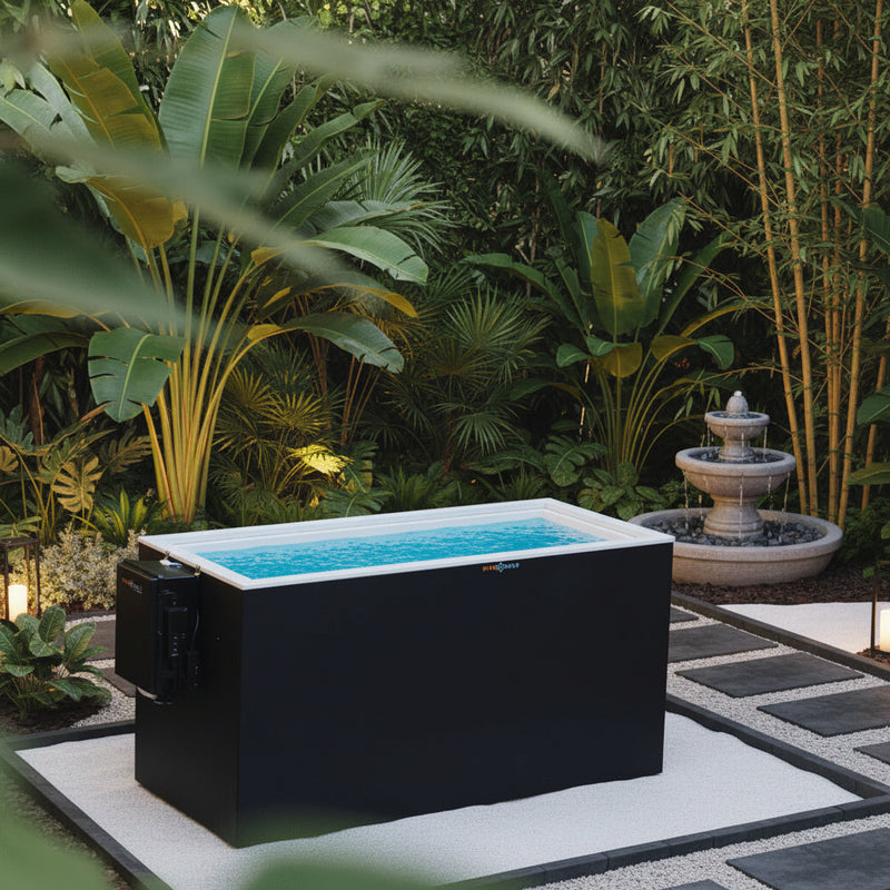 Black cold plunge with open lid lifestyle image