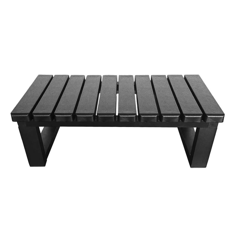 Black outdoor bench with slatted design on a white background