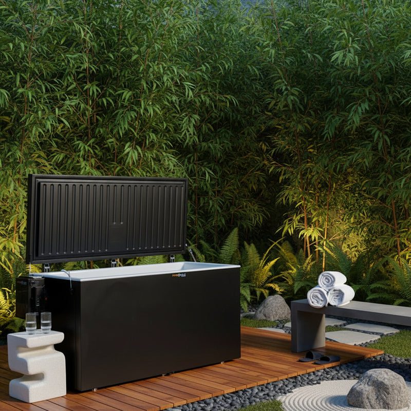 Black outdoor cold plunge in the backyard