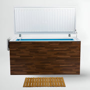 Brown cold plunge with open lid on white background