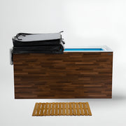 Brown cold plunge with open lid on white background