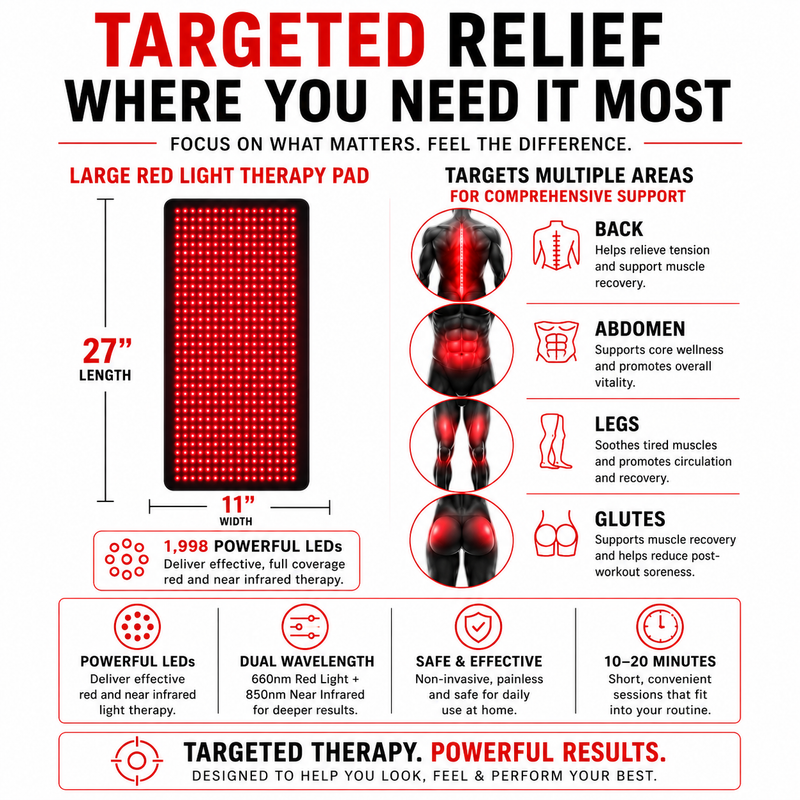 Red Light Pro Devices Large Red Light Pad | 27″ × 11″ | 1,998 LEDs | 660nm & 850nm | Flexible Full-Coverage