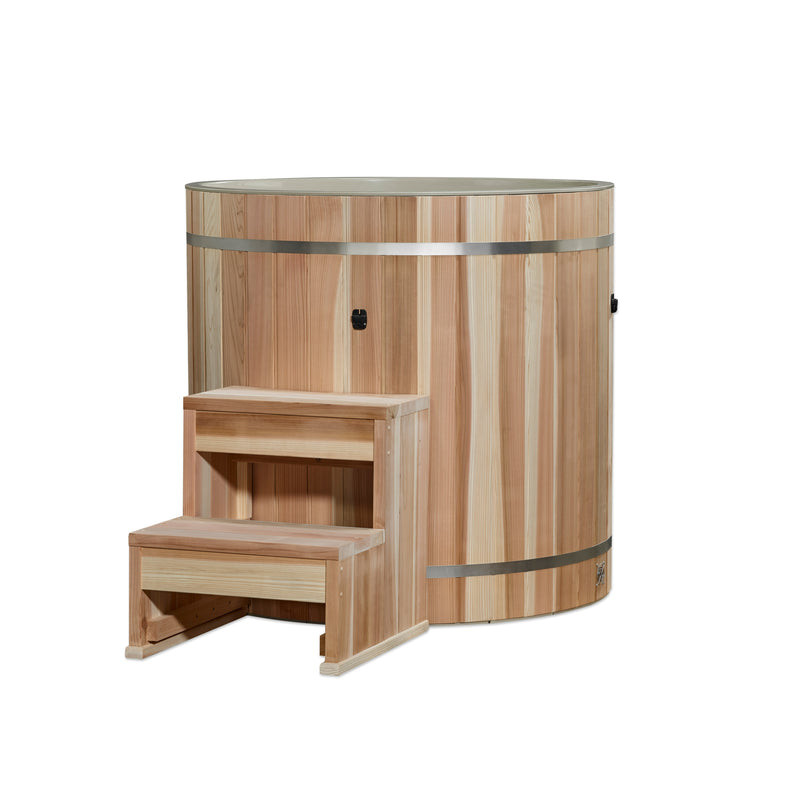 Wooden sauna with steps on a white background
