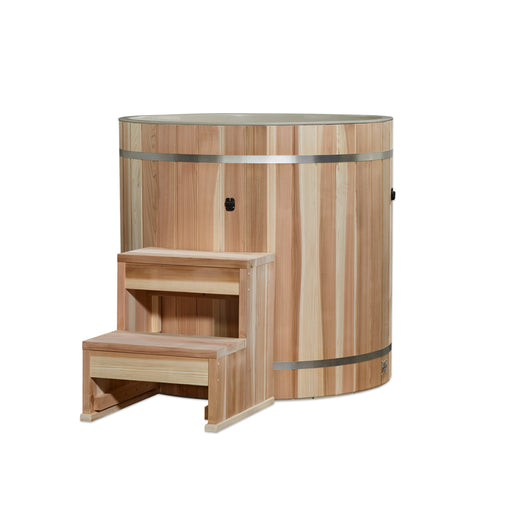 Wooden sauna with steps on a white background