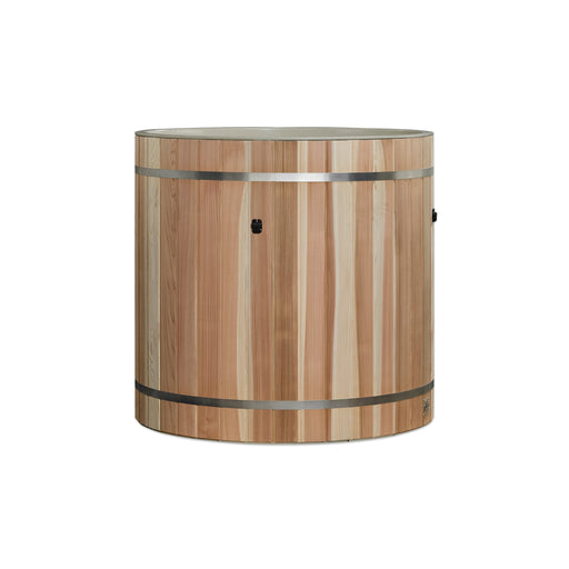 Wooden barrel-shaped cabinet with a white top on a white background