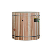 Wooden barrel-style cooler on a white background