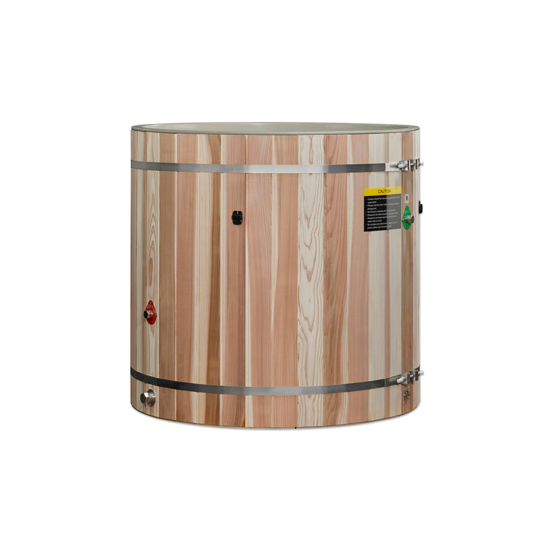 Wooden barrel-style cooler on a white background