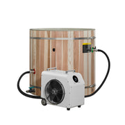 Wooden barrel with a white machine attached, likely for heating or cooling purposes, on a white background.