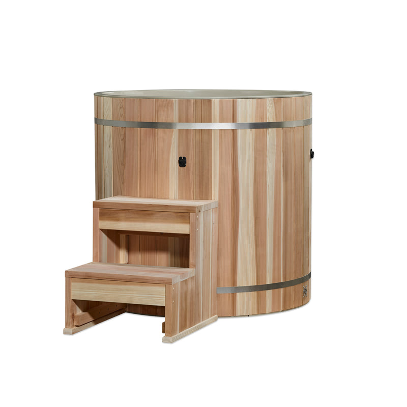 Wooden sauna with steps on a white background