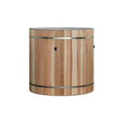 Wooden barrel-shaped container with metal accents on a white background