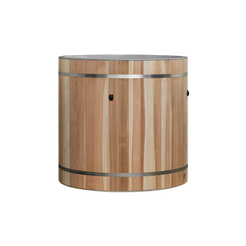 Wooden barrel-shaped container with metal accents on a white background