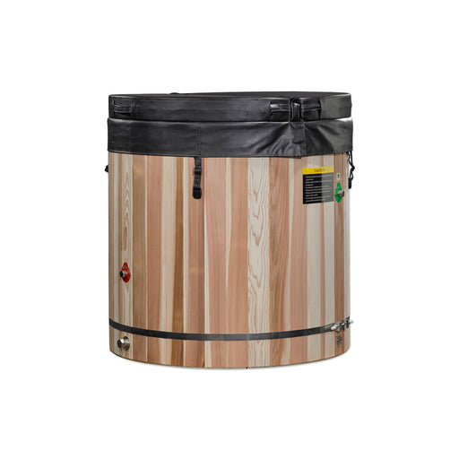 Wooden barrel with black lid on a white background
