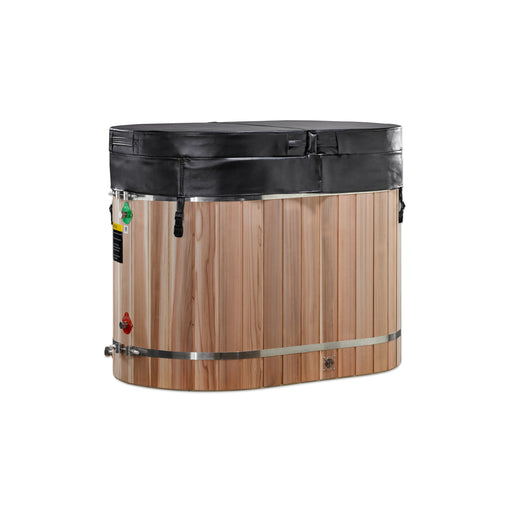 Wooden hot tub with black lid on a white background