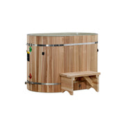 Wooden hot tub with a step on a white background