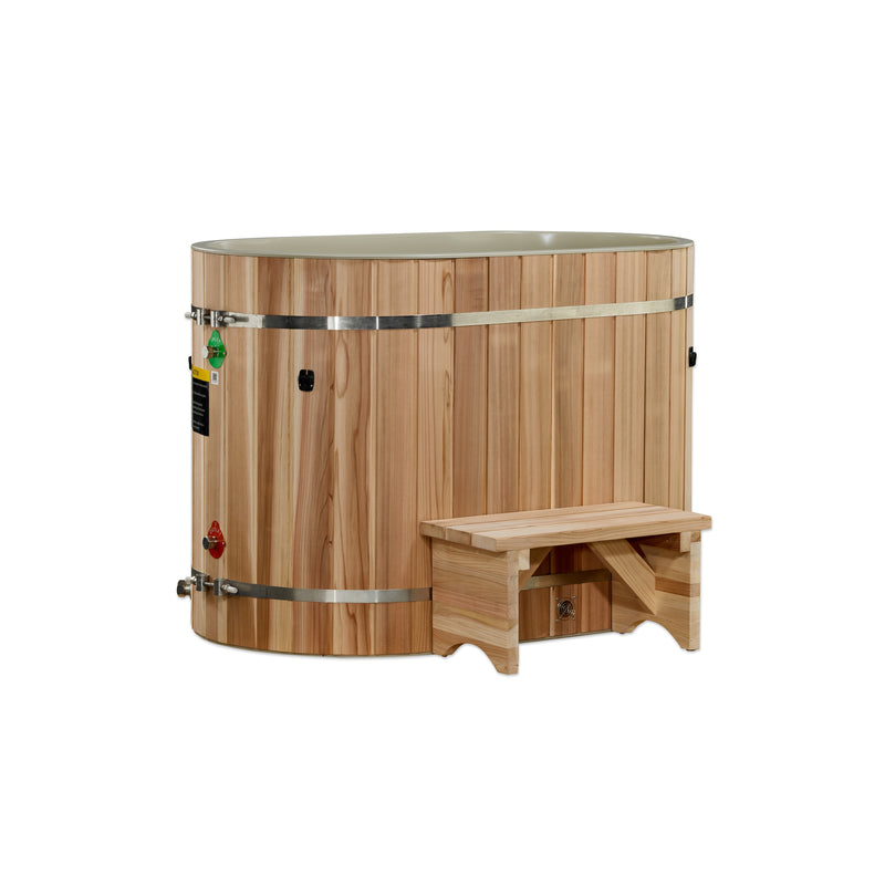 Wooden hot tub with a step on a white background