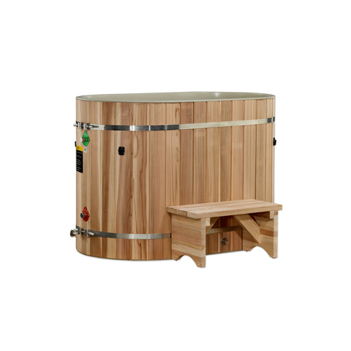 Wooden hot tub with a step on a white background