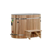 Wooden hot tub with a step on a white background