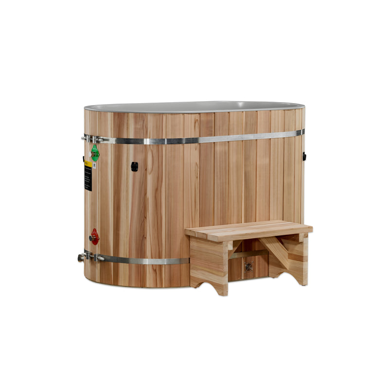 Wooden hot tub with a step on a white background