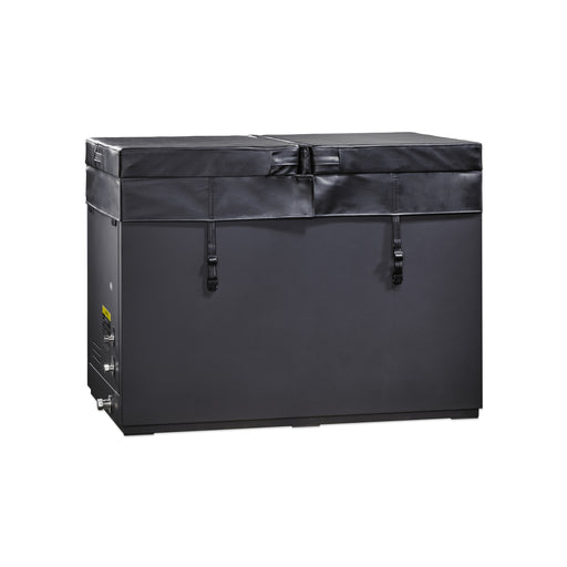 Black storage box with a lid on a white background