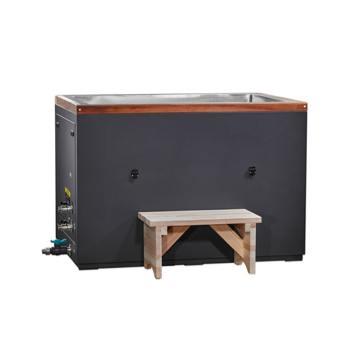 Large rectangular hot tub with wooden top and bench on a white background