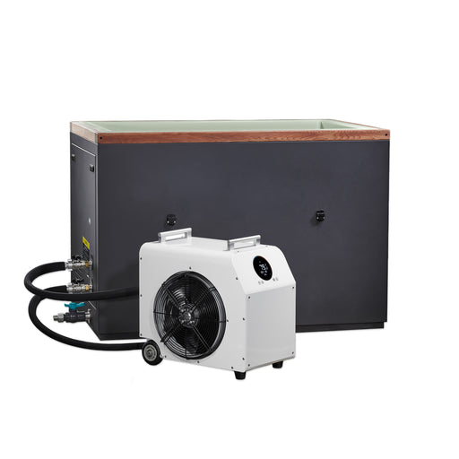 White industrial air mover with black fan and cables in front of a large black rectangular unit on a white background.
