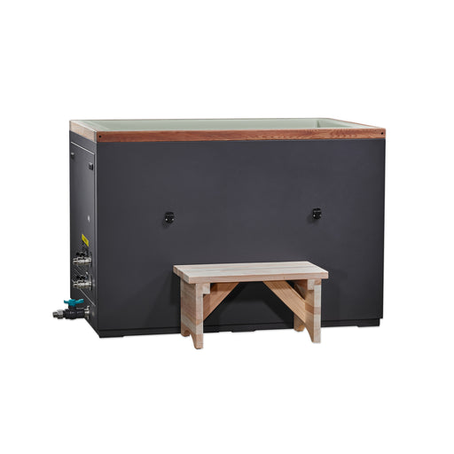 Large rectangular hot tub with wooden bench on a white background