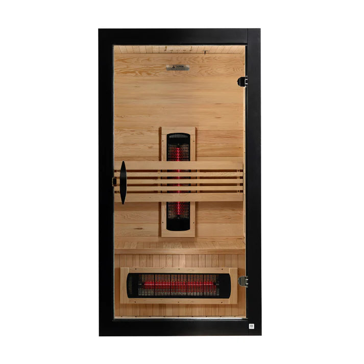 Wooden sauna door with infrared heating elements on a white background