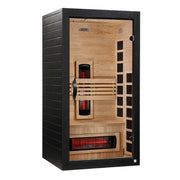 Infrared sauna with wooden interior and black exterior on a white background