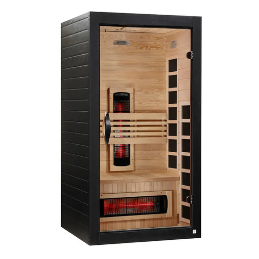Infrared sauna with wooden interior and black exterior on a white background