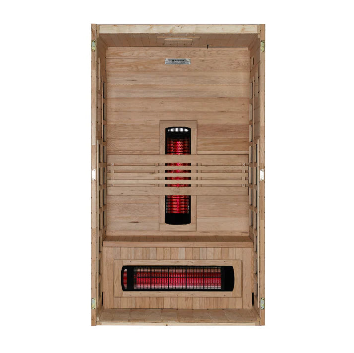 Wooden sauna with infrared heating elements on a white background