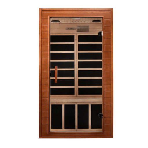 Infrared sauna with wooden frame and glass panels on a white background