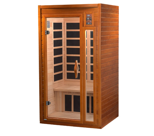 Wooden infrared sauna with glass panels on a white background