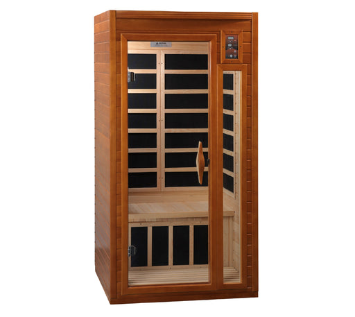 Wooden sauna with glass door on a white background