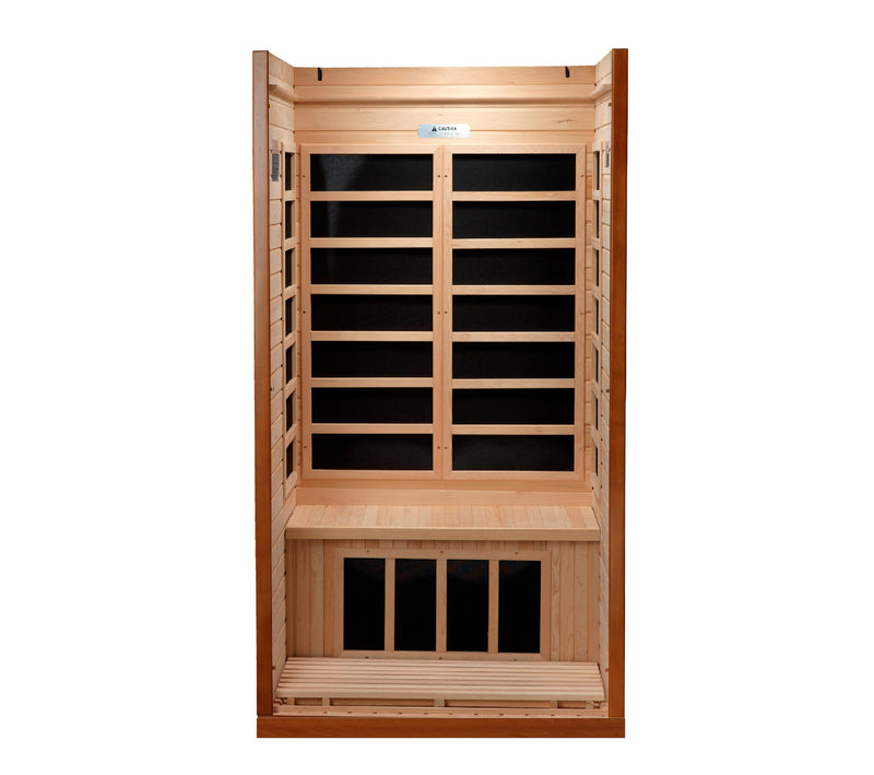 Wooden sauna with glass panels on a white background