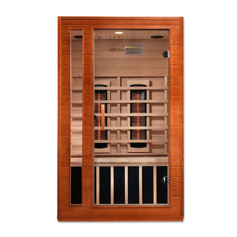 Infrared sauna with wooden exterior on a white background