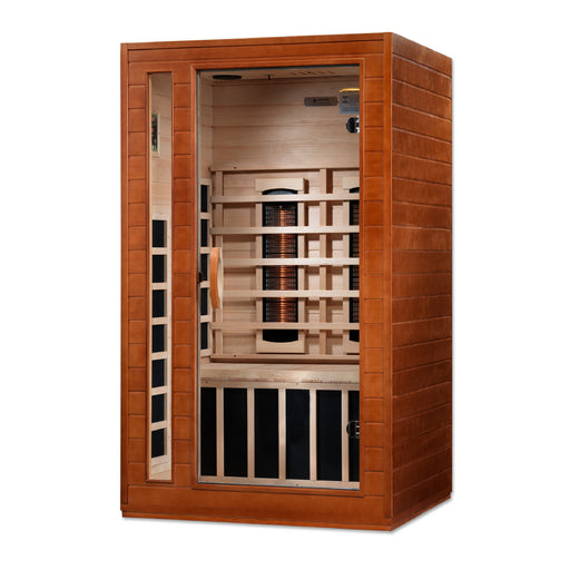 Wooden infrared sauna with glass door on a white background
