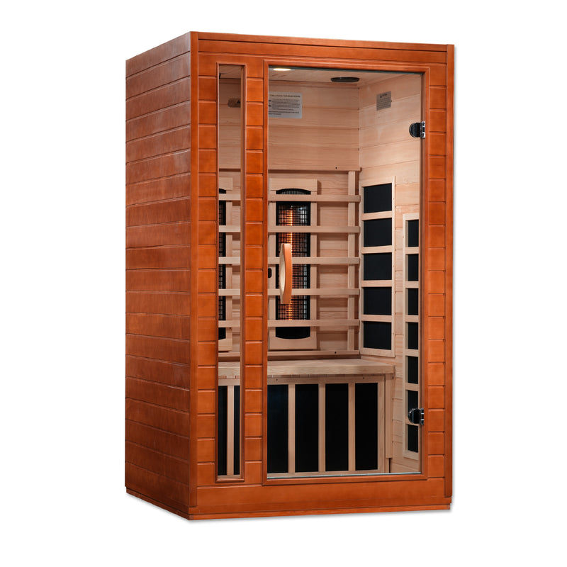 Wooden sauna with glass panels on a white background