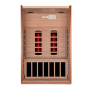 Infrared sauna with wooden interior and red lights on a white background