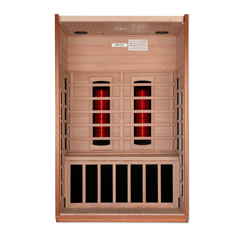 Infrared sauna with wooden interior and red lights on a white background