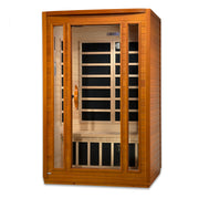 Wooden infrared sauna with glass doors on a white background