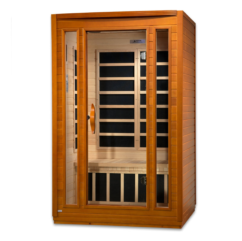 Wooden infrared sauna with glass doors on a white background